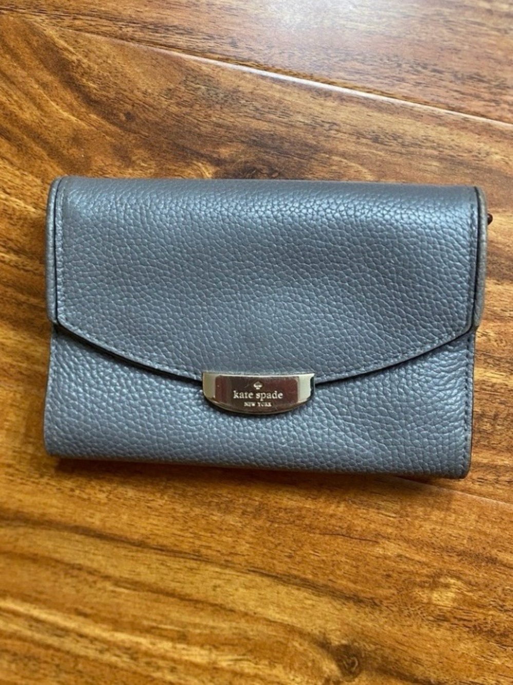 Kate Spade Women's Gray Pebble Leather Fold Over Small Wallet Classic Minimalist